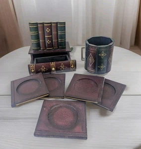 Vintage Holz Holz 5 Untersetzer Set Bücherregal Bücherregal Stiftehalter - Bild 1 von 10