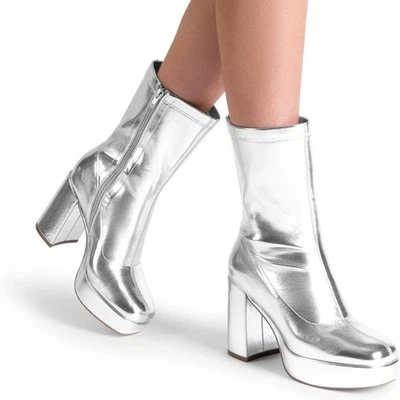 Women's Size 8 Metallic Silver Block Heel Platform Ankle Boots - Image 1 of 4