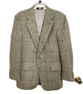 Vintage Austin Reed Gray Brown Plaid Blazer Mens 48" Pure Virgin Wool Sport Coat - Picture 1 of 11