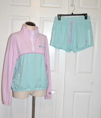 CHAMPION SeerSucker 1/4 Zip Popover Jacket Size L & Shorts Size M - Image 1 of 4