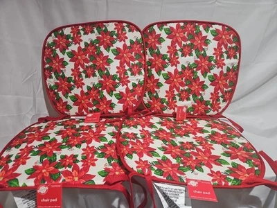 JUEGO DE 4 COJINES ALMOHADILLA SILLA con lazos rojos,13.75"x15", NAVIDAD FLOR DE PASCUA #4, Nuevo Foto 1 de 4