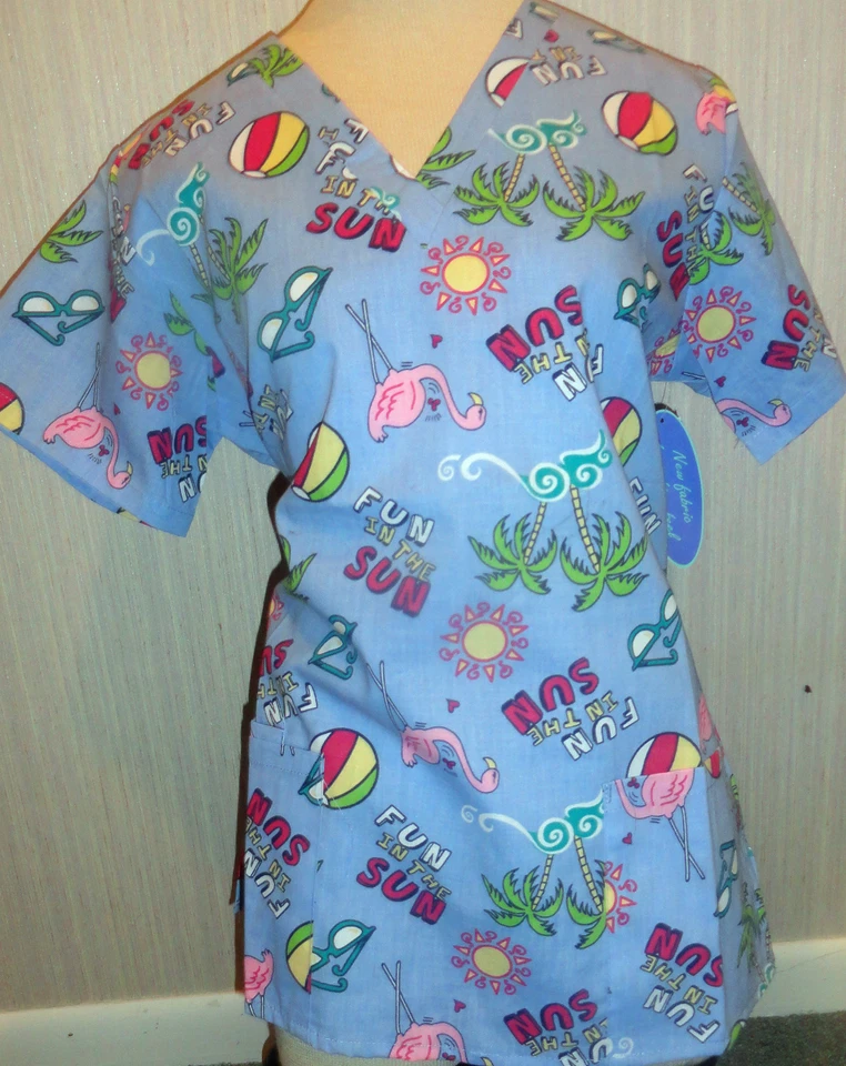 Carol's Scrubs Ladies Beach Summer Fun Scrub Top Sizes Small, 2X - Image 1 of 1