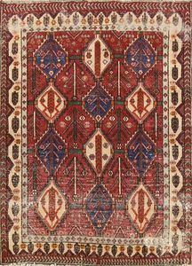 Semi-Antique Red/ Ivory Hand-made Wool Geometric Tribal Vegetable Dye Rug 4x5 - Picture 1 of 21