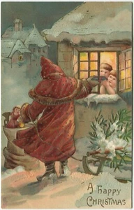 FATHER CHRISTMAS, SANTA CLAUS, SNOW - Gilt Embossed Greetings Postcard Tuck - Picture 1 of 2
