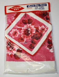 Vintage Kitchen Set Quick Dry Terry Pink Floral Tea Towel & Pot Holder - Japan - Picture 1 of 4