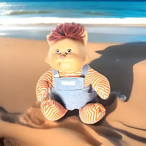 Vtg Cabbage Patch Kid Koosas Brown Cat Blue Demim Overalls Orange Stripes 1980's - Picture 1 of 14