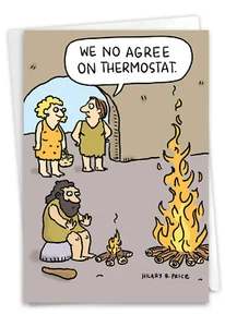 1 Funny Anniversary Greeting Card Envelope Caveman Thermostat, Wedding Congrats - Picture 1 of 6