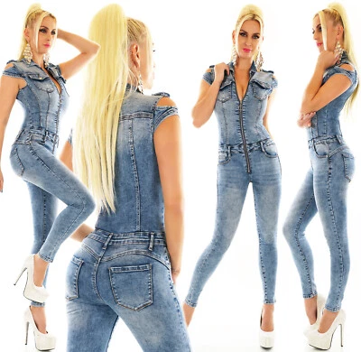 Damen Push Up Jumpsuit, Kurzarm Denim Jeans, Slim Fit, 3398 - Bild 1 von 4