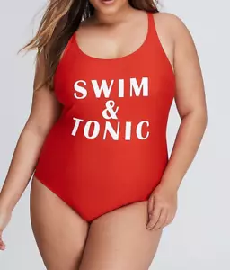 LANE BYANT Red White Plus Size 16 Graphic Tank One Piece Swim Suit NWOT - Picture 1 of 2