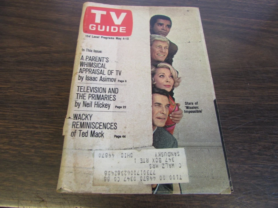 VINTAGE TV GUIDE - APRIL 2 1968  - STARS OF MISSION IMPOSSIBLE -  COVER   - VG. - Image 1 of 1