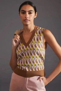 Maeve Vera Jacquard V Neck Knit Sweater Vest By Anthropologie Brown Size S - Picture 1 of 10