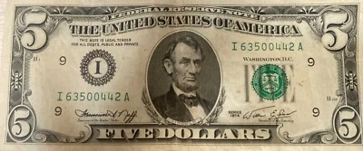 Collectible SERIES 1974 $5 bill in very good condition  - Image 1 of 4