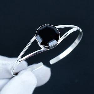 Unique Black Spinel Lab-Made Gemstone 925 Sterling Silver Jewelry Cuff Bangle - Picture 1 of 4