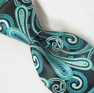LAURANT BENNET Milano Paisley 100% Micro Fiber Necktie, Black & Green Turquoise - Picture 1 of 11