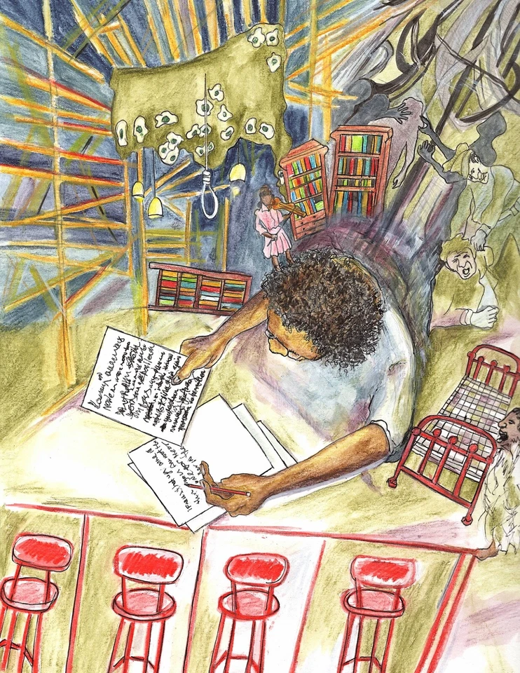 АДРИЕН КЕННЕДИ ЧЕРНЫЙ ДРАМАТУРГ ОРИГИНАЛЬНЫЙ СМЕШАННЫЙ МЕДИА ПОРТРЕТ НА БУМАГЕ В РАМКЕ - Изображение 1 из 1