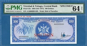 Trinidad y Tobago, 100 dólares, AA000000 Specemen, 1964 (1977), UNC-PMG64, P35s - Imagen 1 de 2