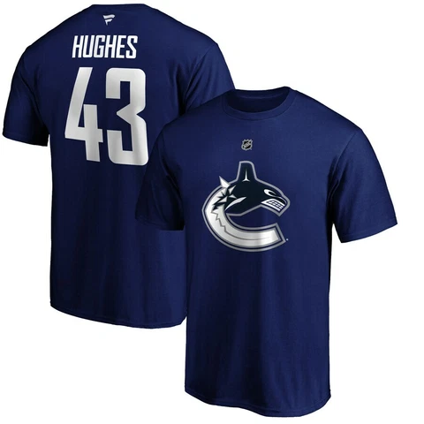 Men's Quinn Hughes Vancouver Canucks Blue Authentic NHL Name Number T Shirt Cover