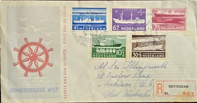 1957 Netherlands S.Postal Ships Set Sc B306-10 on FDC Registered Rotterdam to WA - Image 1 of 4