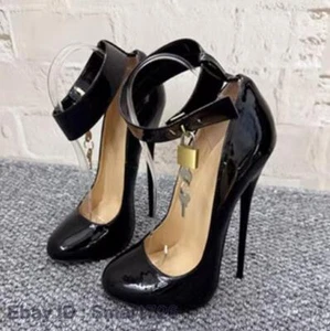 Women Men Fetish Stiletos Pointy Toe 6Inch 16Cm High Heel Lockable Padlock Pump - Picture 1 of 16