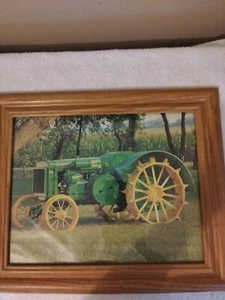 John Deere Picture Of Old Tractor 14 x 17.5" With Wood Frame - Picture 1 of 2