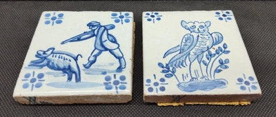 Vintage Antique Delft Dutch Thomas Van Arum 2.75" Tile Lot Of 2 Hunter And Owl - Image 1 of 4