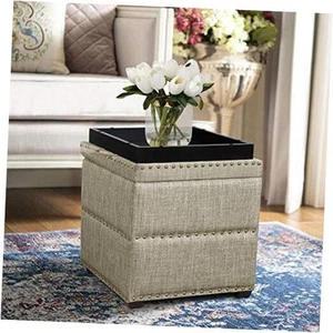 Tufted Storage Ottoman Square Footrest Stool Coffee Table with Tray Lid (Tan) - Picture 1 of 7