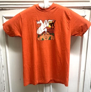 Vintage 1990 Halloween T-Shirt schwarz Katze Geist Kürbis orange Vollmond Gr. L SCHÖN! - Bild 1 von 11