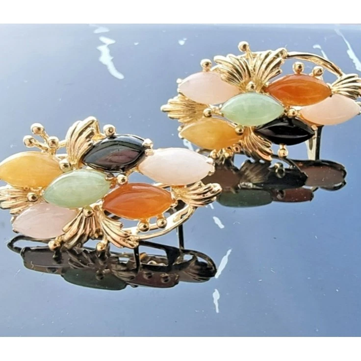 PENDIENTES OMEGA JADEÍTA MULTICOLOR ORO AMARILLO 14K 585 VINTAGE 6,3 GRAMOS AT Foto 1 de 1