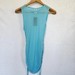 NWT Women's Light Blue Mesh Swimsuit Cover-up Dress S Ruched Sides Sheer - Picture 1 of 11