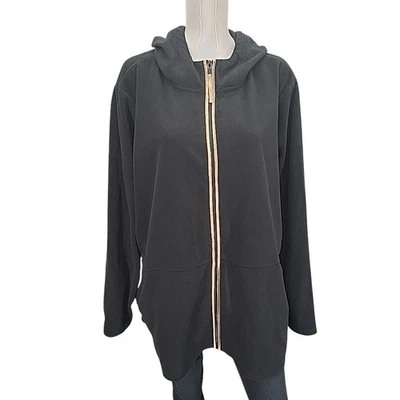 Susan Graver Weekend Polar Fleece Hooded Jacket Contrast Trim 3X Plus Sz Black - Image 1 of 4