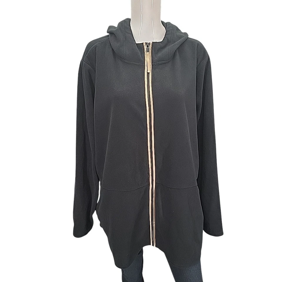 Susan Graver Weekend Polar Fleece 连帽夹克对比装饰 3X Plus 尺寸黑色 — 第 1/4 张图片