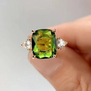 Lab Created Peridot 2Ct Cushion Cut Women's Wedding Ring 14K Yellow Gold Plated - Picture 1 of 7