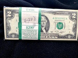 RARE BEP ORIGINAL PACK OF 100 1976 $2 FRN'S BOSTON DISTRICT GEMS.    #2 - Picture 1 of 10