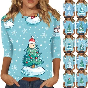 3/4 Sleeve Shirts For Women Print Tees Blouses Casual Plus Size Basic Tops - Picture 1 of 42