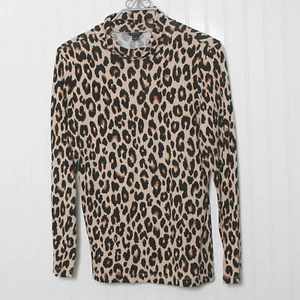 Ann Taylor Leopard Turtleneck Long Sleeve Cotton Blend Knit Tunic Top Lg - Picture 1 of 9