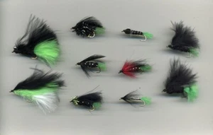Trout Flies:  Green & Black Selection - Long Shank size 10 x 10  (code 378B) - Picture 1 of 3