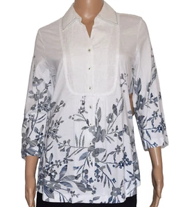 Neu mit Etikett Coldwater Creek weiß blau Blumen bestickt 3/4 Ärmel Strick Shirt Tunika S - Bild 1 von 8