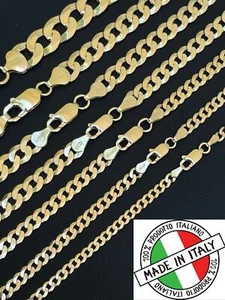 REAL Solid 925 Silver 14k Gold Plated Flat Cuban Link Chain Necklace 3mm - 11mm - Picture 1 of 12