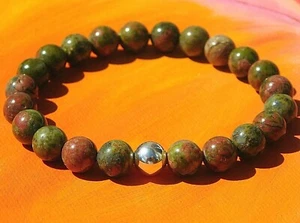 Mens / Ladies 8mm Handmade Gemstone & Silver Bracelet - Natural Unakite Jasper. - Picture 1 of 3