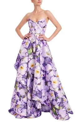 $950 Badgley Mischka Vestido sin tirantes con cinturón línea A LILA MULTI FLORAL talla 14 Foto 1 de 3