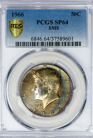 1966 50C Kennedy PCGS SP64 SMS Silver Half Dollar, Color-Toned! Cover