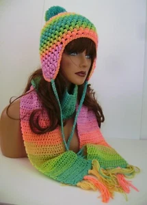  BRIGHT MULTI COLOR CROCHET EARFLAP HAT AND SCARF SET PERUVIAN STYLE HAT SKI CAP - Picture 1 of 12