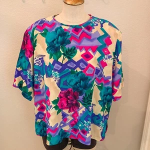 Vintage 90s Nora Noh 100% Silk Short Sleeve Floral Blouse Shirt Top Size 18 - Picture 1 of 10