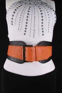 Women Black Orange Western Faux Leather Elastic Fabric Wide Fashion Belt S M - Picture 1 of 12