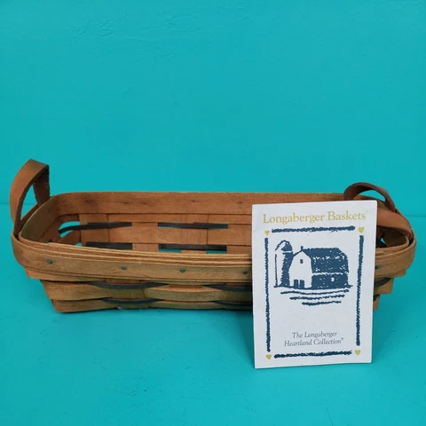 Longaberger 1992 Bread Muffin Basket 11 x 4 w/ Leather Handles Signed Cover