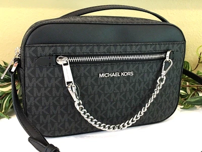 BOLSO BANDOLERA MUJER MICHAEL KORS GRANDE CADENA CREMALLERA NEGRO LOGOTIPO MK FIRMA PLATEADO Foto 1 de 4