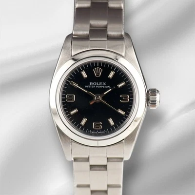 Rolex 25 mm Oyster Perpetual acero inoxidable esfera negra reloj 67180 Foto 1 de 4