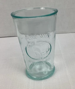Blue/Green Tinted Clear Glass Embossed Pure Milk Authentic and Cow, 4.75" tall - Picture 1 of 8