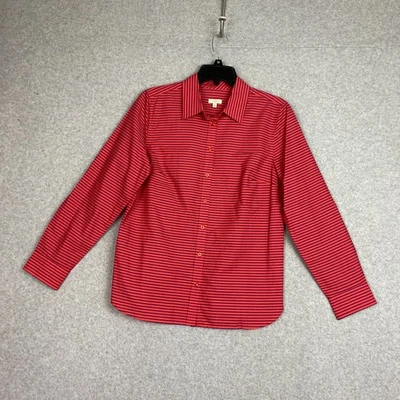 Talbots Top Womens PM Red Striped Long Roll Tab Sleeve Button Up Cotton Blouse - Image 1 of 4