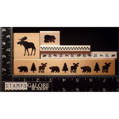 JUEGO DE 5 ESTAMPILLAS DE GOMA DE Darcies árboles de oso alce salvaje ciervo borde a cuadros #1841 Foto 1 de 3